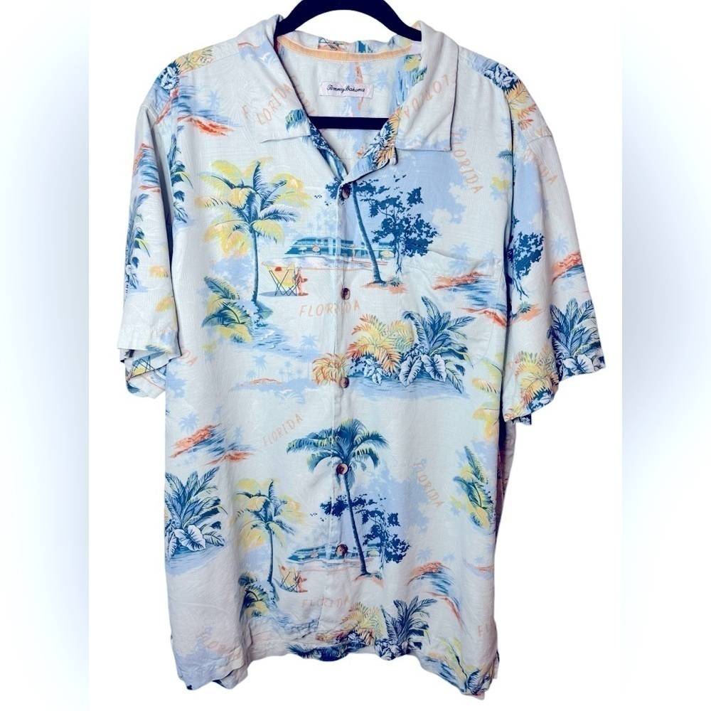 Tommy Bahama Florida Hawaiian Print Silk Camp Shirt Size XL Blue